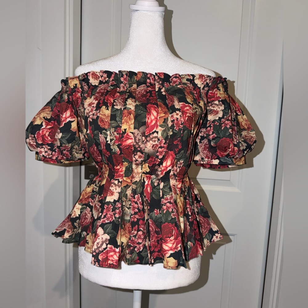 ANTONIO MELANI Black Floral Off-Shoulder Peplum Top